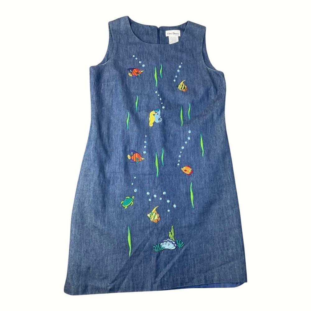 Vintage Ultra Dress Women’s Sleeveless Denim Embroidered Ocean Life Sheath Dress